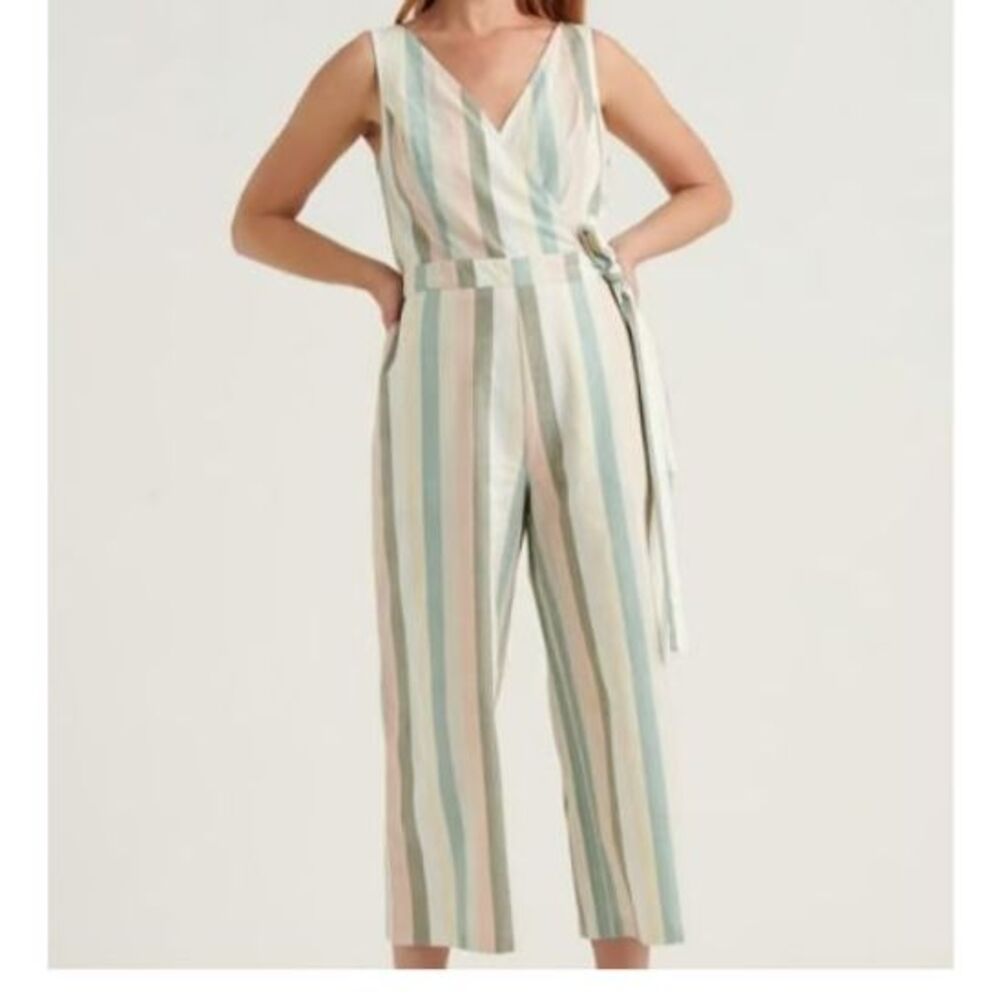 Lucky Brand Daisy Striped Jumpsuit Size Small Pastel Wide Leg Cotton V-Neck - Picture 2 of 10